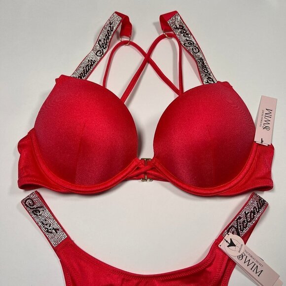 Victoria Secret 36DD L Bombshell Push Up Top Bikini Set Logo Shine Strap Pink - Picture 3 of 14